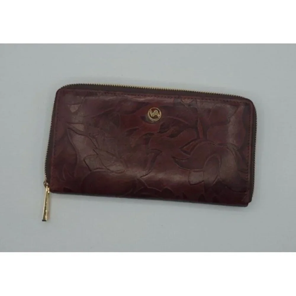 Valentina Genuine Embossed Floral Pattern Design Dark Red Leather Wallet Italy